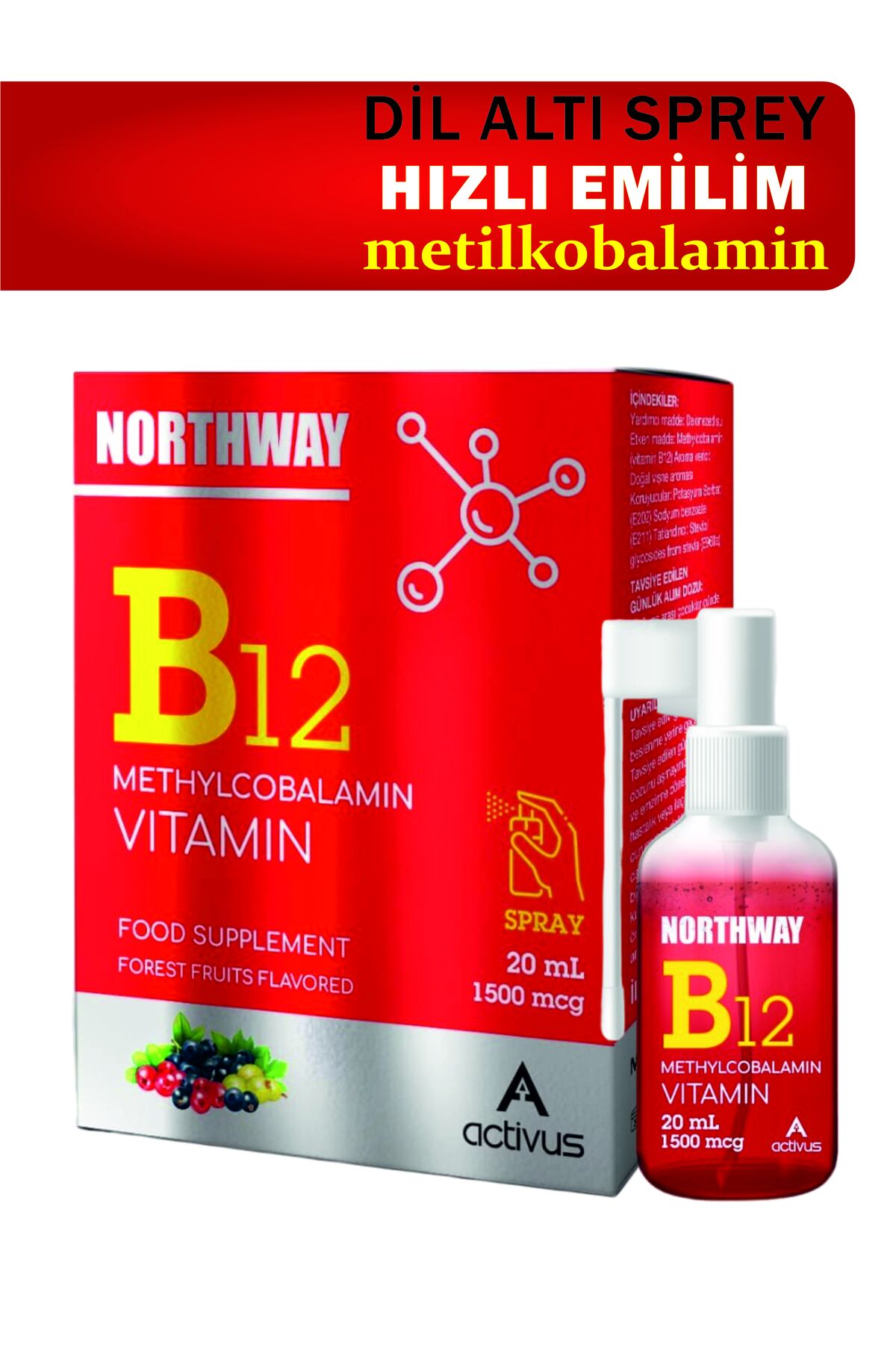 Northway Metilkobalamin B12 Vitamin 20ml 1500 Mcg Dil Altı Sprey Orman Meyve Aromalı Methylcobalamin