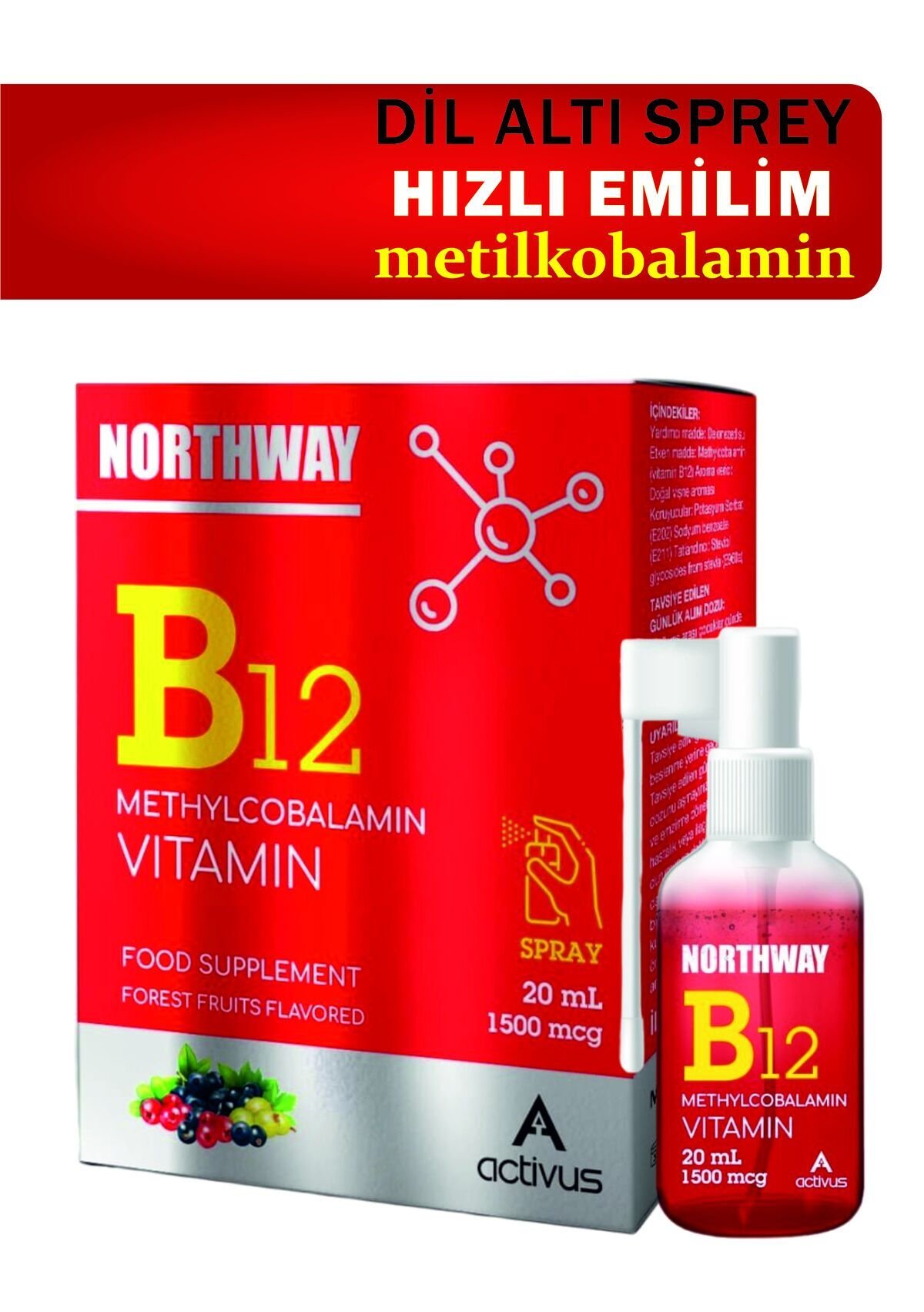 Northway Metilkobalamin B12 Vitamin 20ml 1500 Mcg Dil Altı Sprey Orman Meyve Aromalı Methylcobalamin