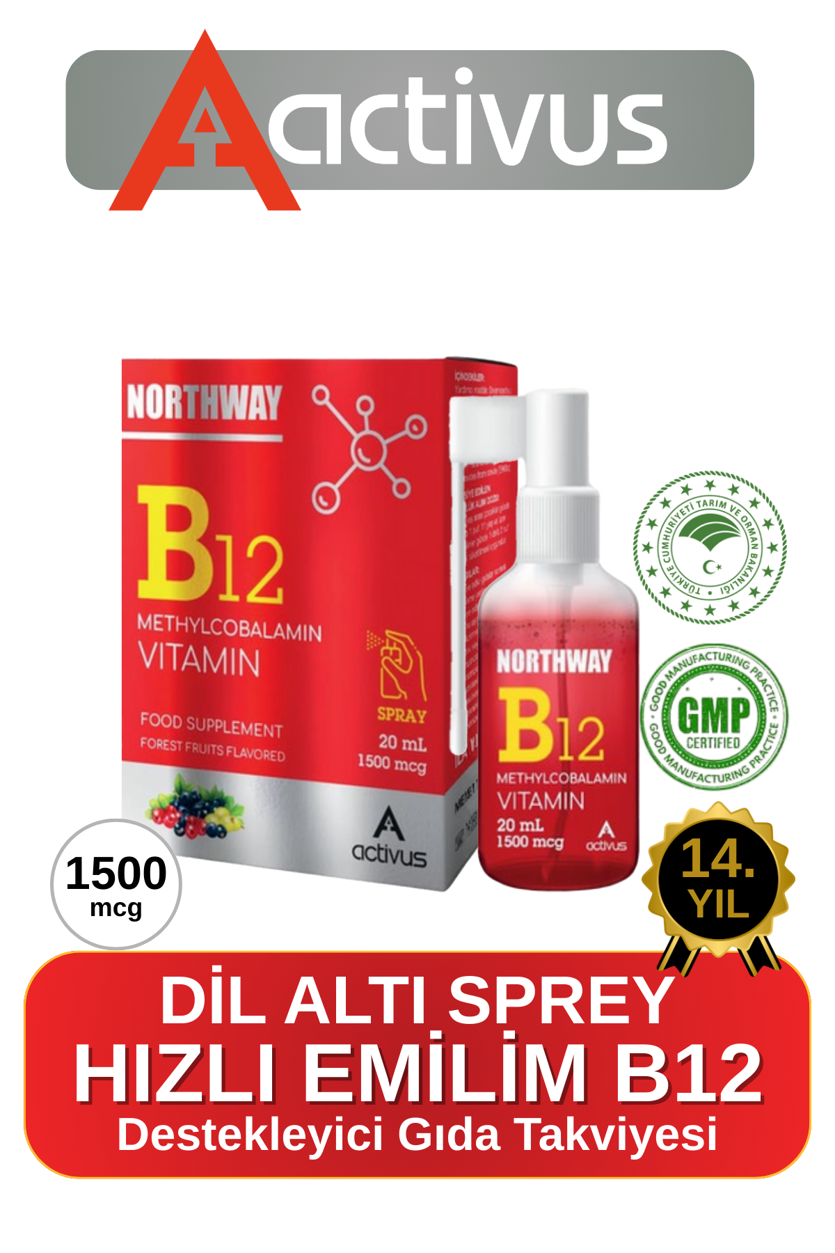 ACTIVUS NORTHWAY B12 Vitamin (Metilkobalamin) - Dil Altı Sprey Orman Meyve Aromalı Methylcobalamin | 20ml 1500 Mcg