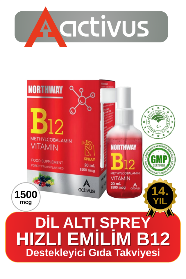 ACTIVUS NORTHWAY B12 Vitamin (Metilkobalamin) - Dil Altı Sprey Orman Meyve Aromalı Methylcobalamin | 20ml 1500 Mcg